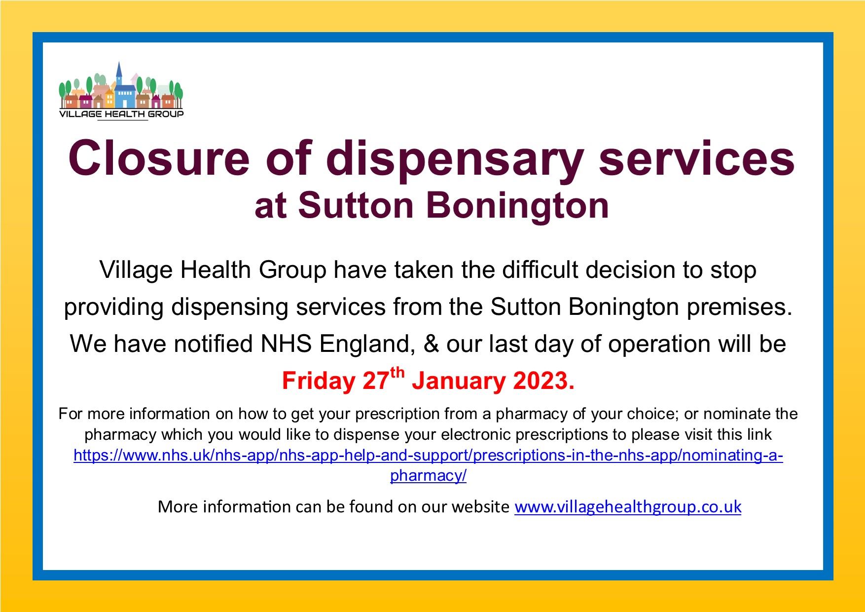 Closure Sutton Bonington dispensary 
